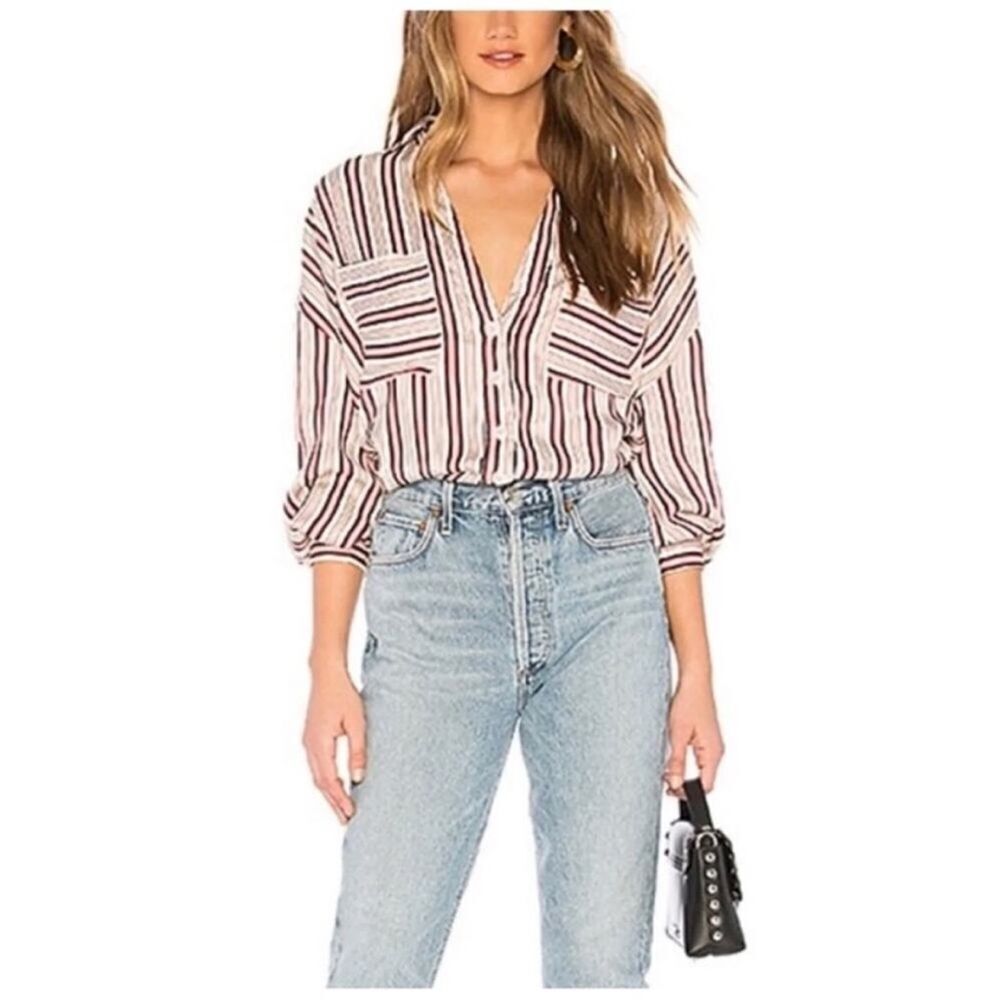 FREE PEOPLE | NEW Striped Button Front Double Pocket Long Sleeve Top Women’s M